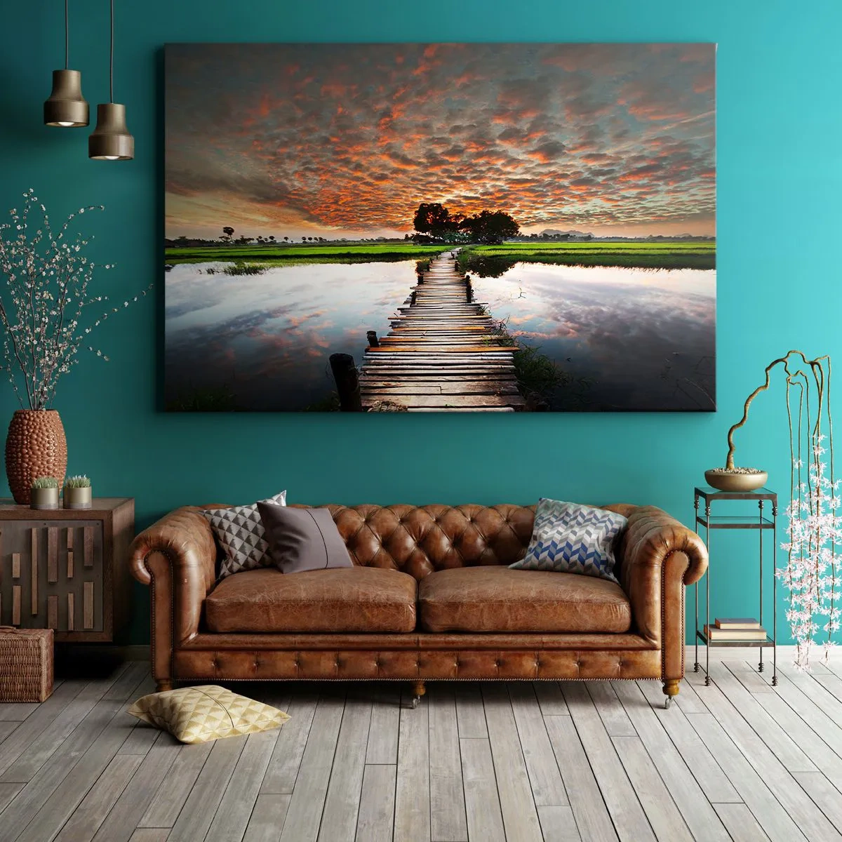 Obraz na płótnie - Drewniany mostek nad wodą o zachodzie słońca - 70x50cm - Rozłóż ramiona - oddychaj  - Nowoczesna dekoracja ścienna do salonu i sypialni ARTTOR