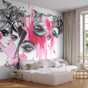 Fototapeta Standard Eco - Kobieca twarz w ekspresyjnej kompozycji akwareli i szkicu - 100x70cm - Abstrakcyjne oczy - Nowoczesna dekoracja ścienna do salonu i sypialni ARTTOR