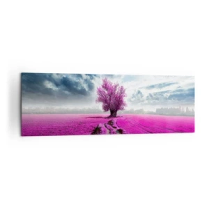 Obraz na płótnie - Samotne drzewo na polu w odcieniu intensywnego różu - 160x50cm - Wrzosowisko - uroczysko - Nowoczesna dekoracja ścienna do salonu i sypialni ARTTOR