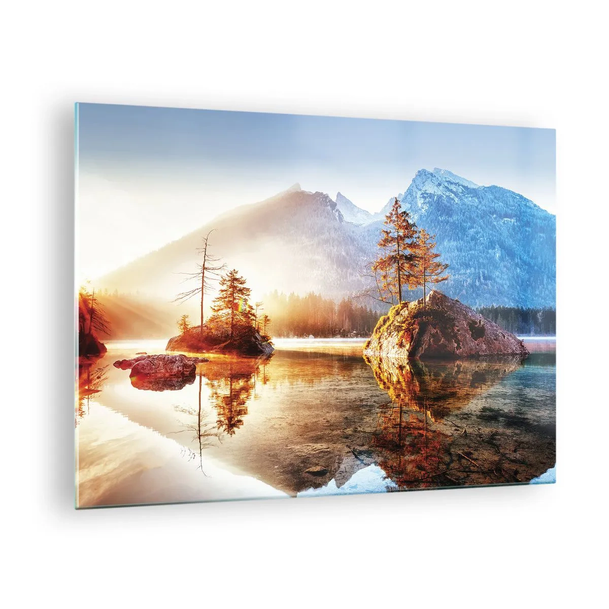 Obraz na szkle - Górski krajobraz o poranku z drzewami i odbiciem w jeziorze - 70x50cm - Natura w nowym świetle - Nowoczesna dekoracja ścienna do salonu i sypialni ARTTOR