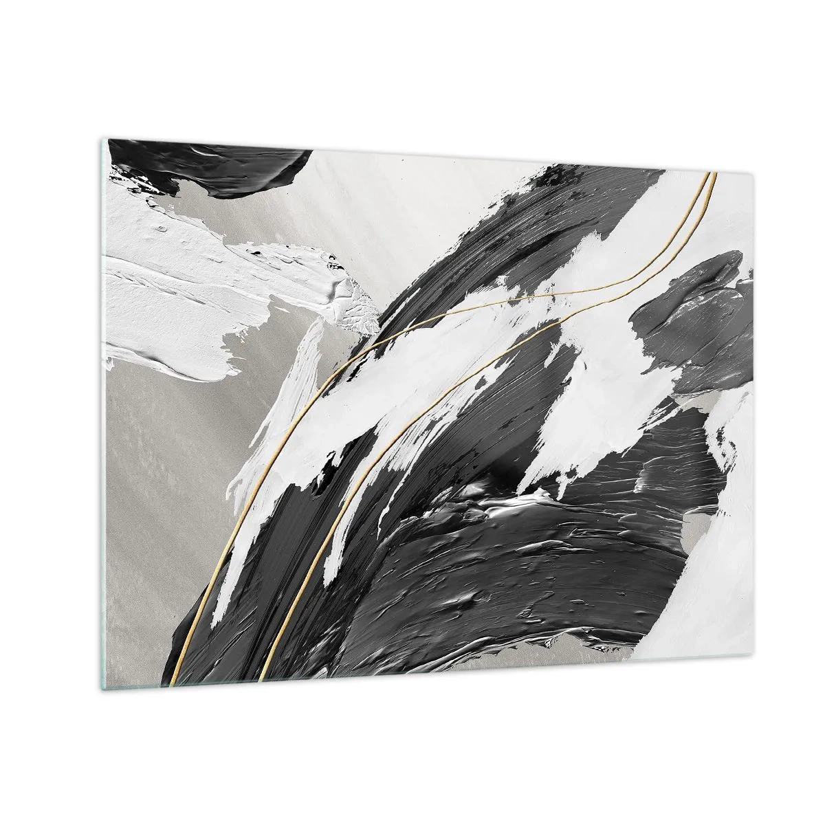 Obraz na szkle - Dynamiczne pociągnięcia czerni i bieli ze złotym akcentem - 70x50cm - Abstrakcja z rozmachem - Nowoczesna dekoracja ścienna do salonu i sypialni ARTTOR
