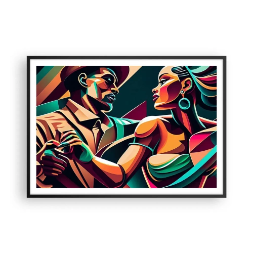 Plakat w czarnej ramie - Stylizowana para tańcząca w żywych, geometrycznych barwach - 100x70cm - W rytmie serca - Nowoczesna dekoracja ścienna do salonu i sypialni ARTTOR