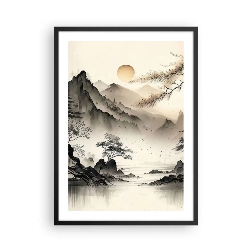 Plakat w czarnej ramie - Minimalistyczny pejzaż górski w stylu japońskim - 50x70cm - Niepowtarzalny urok orientu - Nowoczesna dekoracja ścienna do salonu i sypialni ARTTOR