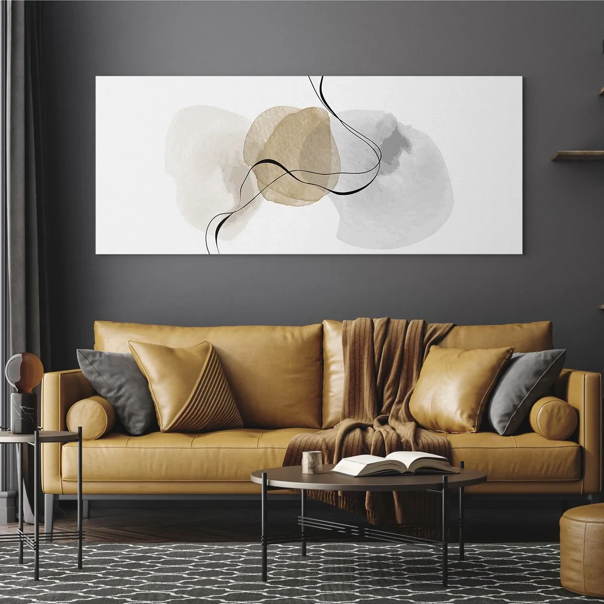 Obraz na szkle - Minimalistyczna abstrakcja w odcieniach beżu i szarości - 120x50cm - Powietrzne paciorki - Nowoczesna dekoracja ścienna do salonu i sypialni ARTTOR