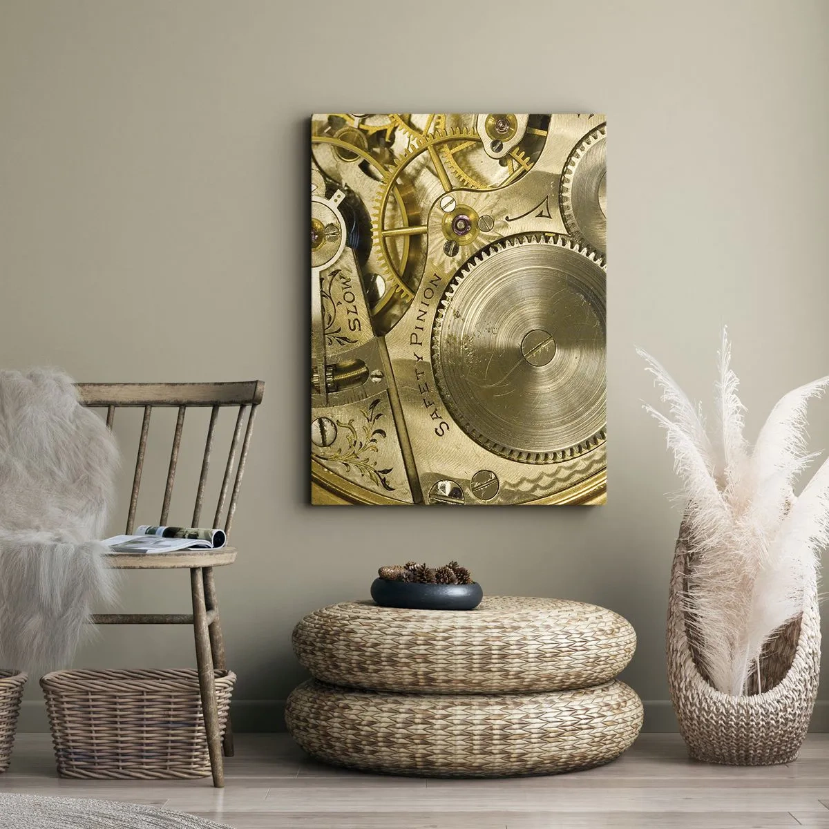 Obraz na płótnie - Zbliżenie na mechanizm zegarka w złotych odcieniach - 50x70cm - Idź z duchem czasu - Nowoczesna dekoracja ścienna do salonu, kuchni i sypialni ARTTOR