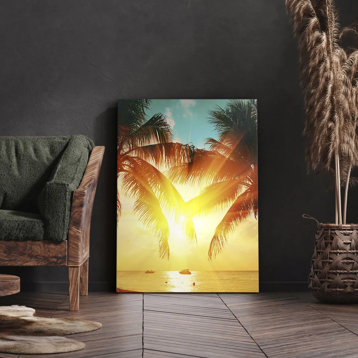 Obraz na płótnie - Palmy oświetlone ciepłym światłem zachodzącego słońca - 70x100cm - Egzotyczna para - Nowoczesna dekoracja ścienna do salonu i sypialni ARTTOR