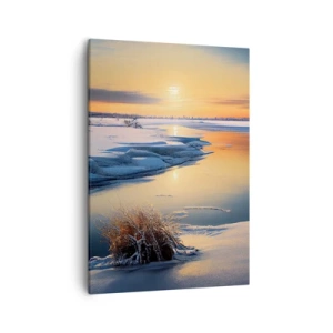 Obraz na płótnie - Zimowy krajobraz zamarzniętej rzeki z zachodzącym słońcem - 50x70cm - Zimowy zachód słońca - Nowoczesna dekoracja ścienna do salonu, kuchni i sypialni ARTTOR