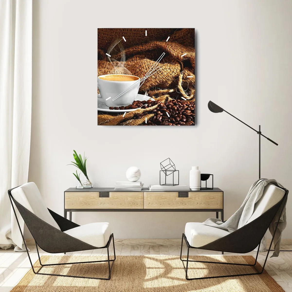 Zegar ścienny - Filiżanka kawy otoczona workiem z ziarnami kawy - 30x30cm - Zapach moki i gęstość miodowego płynu - Nowoczesna dekoracja ścienna do salonu i sypialni ARTTOR