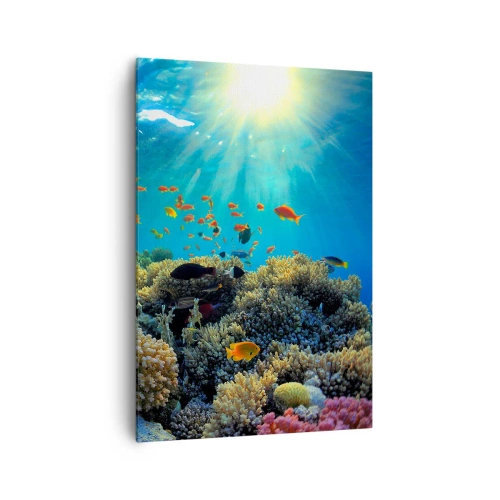 Obraz na płótnie - Rafa koralowa z rybami w promieniach słońca pod wodą - 70x100cm - Podwodne skarby - Nowoczesna dekoracja ścienna do salonu i sypialni ARTTOR