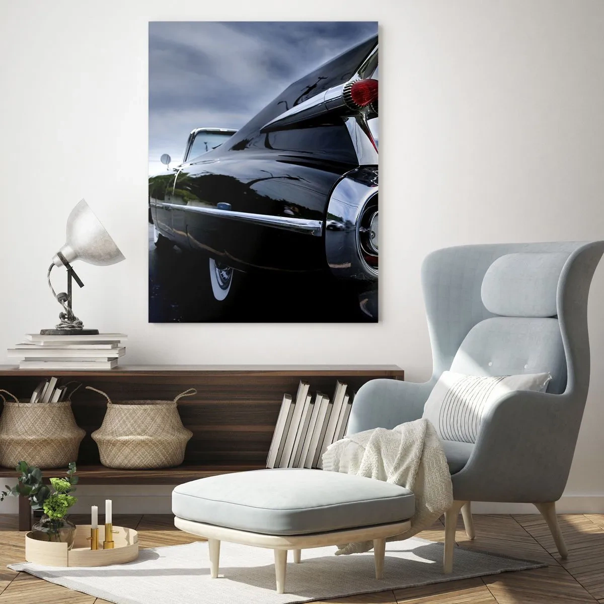 Obraz na szkle - Stylowe tylne światła klasycznego samochodu w błyszczącym czarnym lakierze - 50x70cm - Właśnie dlatego piękny! - Nowoczesna dekoracja ścienna do salonu, kuchni i sypialni ARTTOR