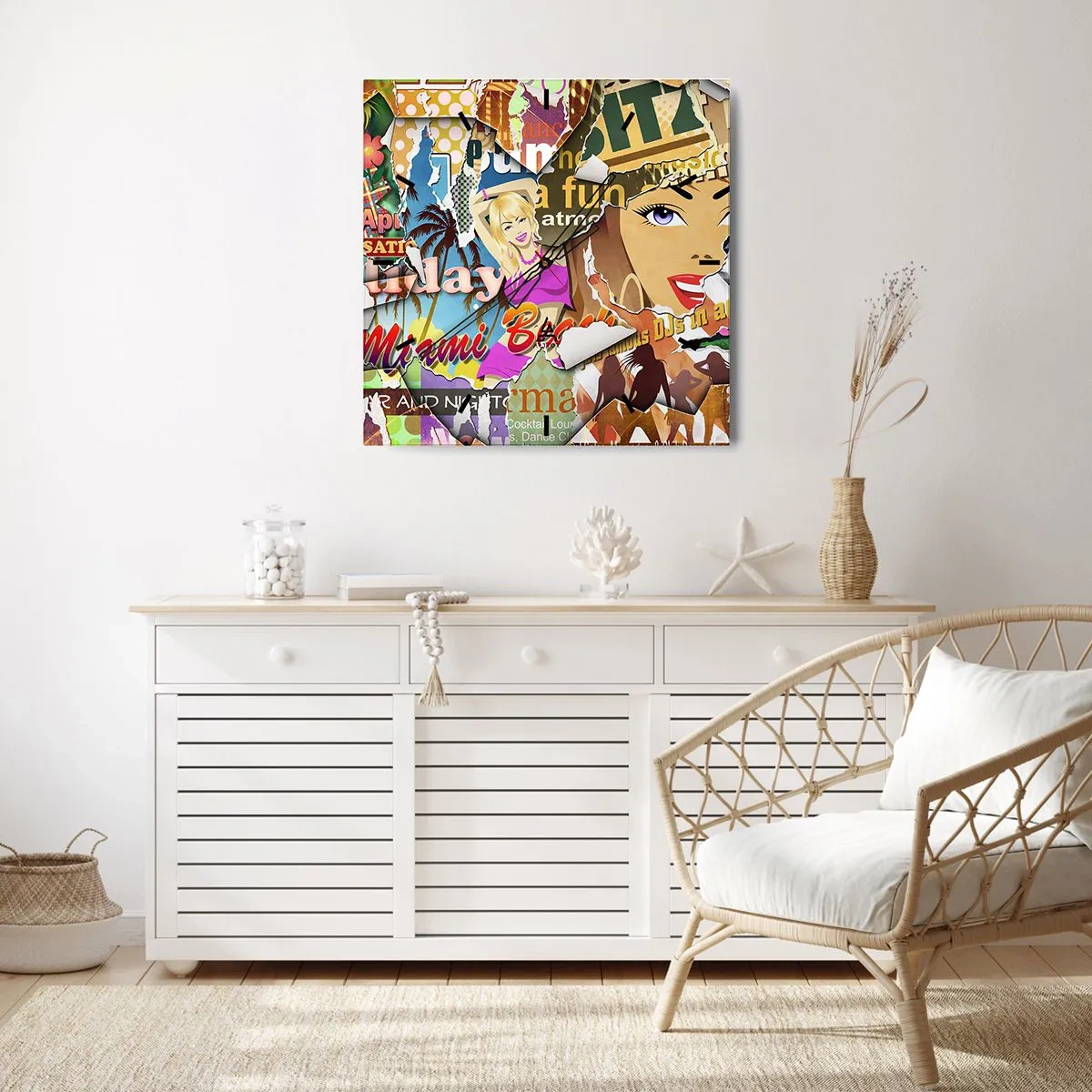 Zegar ścienny - Kolorowy kolaż z elementami retro i pop-art - 30x30cm - Wakacyjne retrospekcje - Nowoczesna dekoracja ścienna do salonu i sypialni ARTTOR