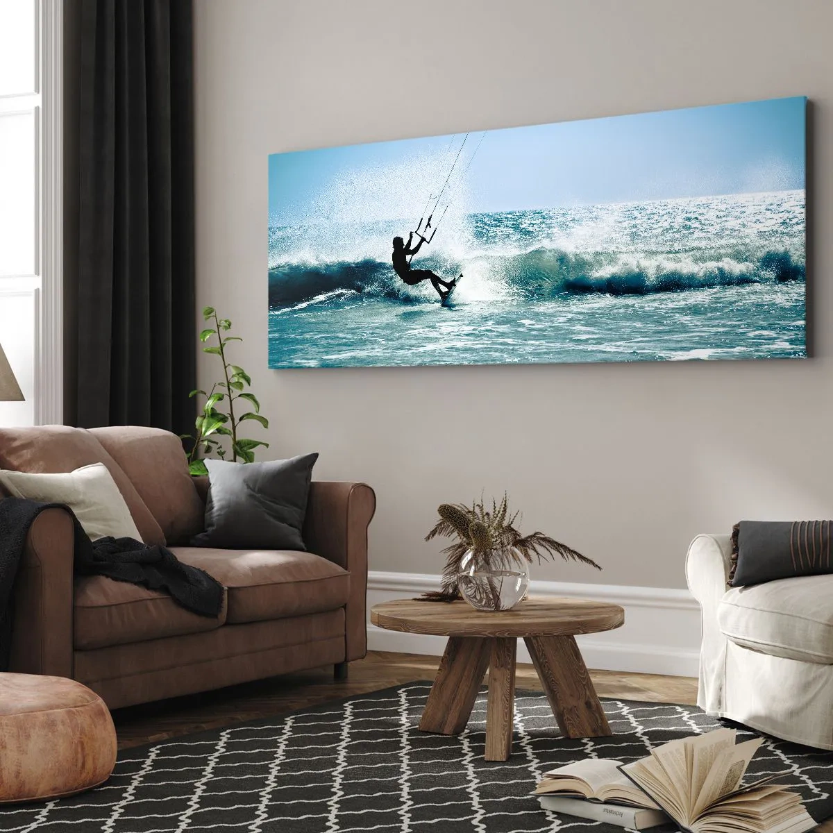 Obraz na płótnie - Kitesurfer na fali w pełnym słońcu - 140x50cm - Daj się ponieść - Nowoczesna dekoracja ścienna do salonu i sypialni ARTTOR