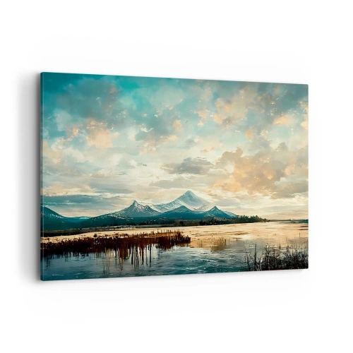 Obraz na płótnie - Malowniczy krajobraz z górą i spokojnym jeziorem - 120x80cm - Pod opieką nieba - Nowoczesna dekoracja ścienna do salonu, kuchni i sypialni ARTTOR
