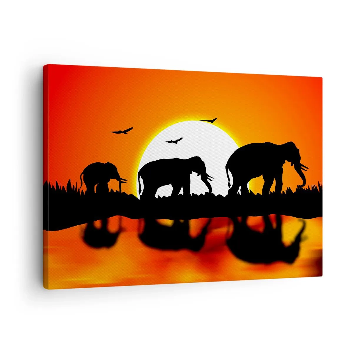Obraz na płótnie - Sylwetki słoni o zachodzie słońca nad wodą z odbiciem - 70x50cm - A wieczorem na małego drinka - Nowoczesna dekoracja ścienna do salonu i sypialni ARTTOR