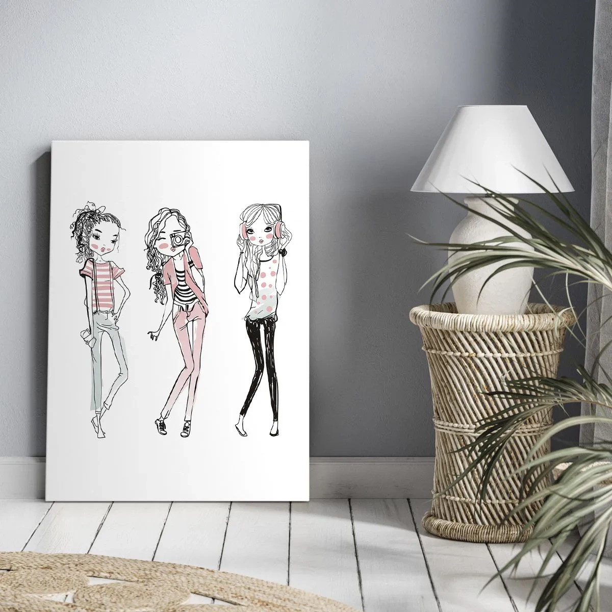 Obraz na płótnie - Modowa ilustracja trzech stylowych dziewczyn - 50x70cm - Będzie, będzie zabawa - Nowoczesna dekoracja ścienna do salonu, kuchni i sypialni ARTTOR