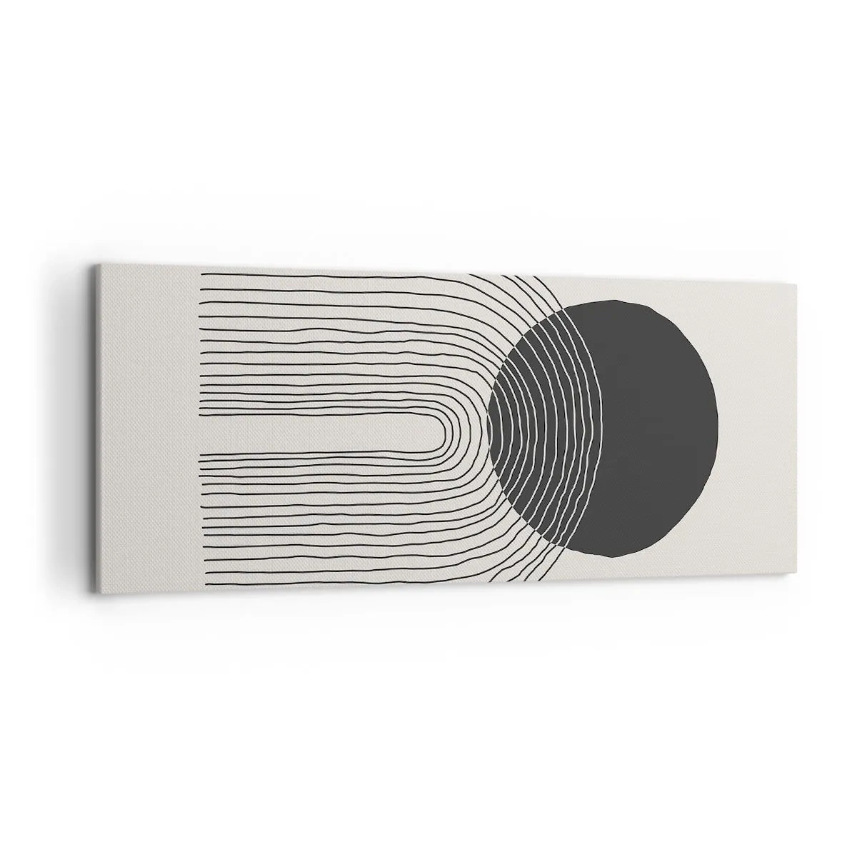 Obraz na płótnie - Abstrakcyjny wzór z liniami i czarnym kołem na jasnym tle - 120x50cm - Drżenie i pewność - Nowoczesna dekoracja ścienna do salonu i sypialni ARTTOR