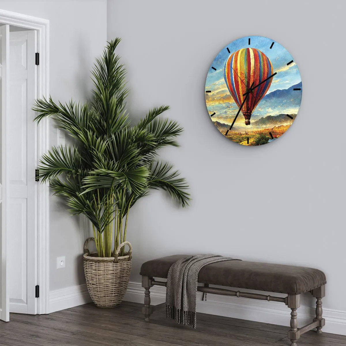 Zegar ścienny - Kolorowy balon na tle górskiego pejzażu o wschodzie słońca - 30x30cm - W ciszy widać więcej - Nowoczesna dekoracja ścienna do salonu, kuchni i sypialni ARTTOR