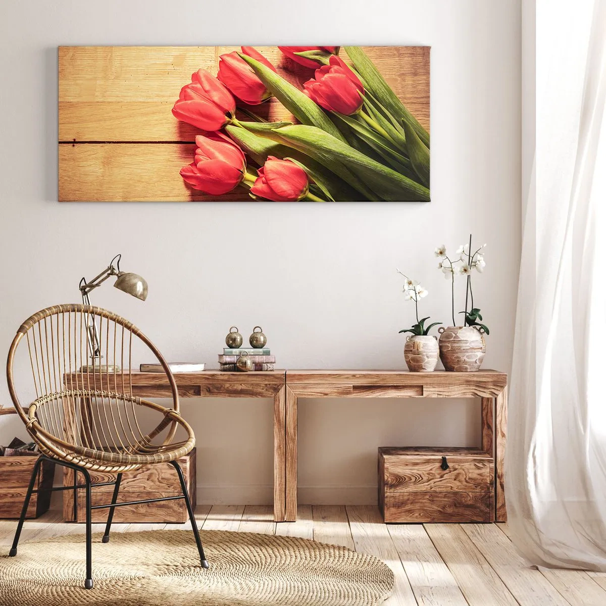 Obraz na płótnie - Bukiet różowych tulipanów na drewnianym tle - 120x50cm - Wiosenne wyznanie - Nowoczesna dekoracja ścienna do salonu i sypialni ARTTOR