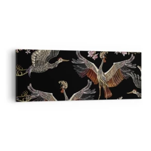 Obraz na płótnie - Stylowe żurawie i kwiaty na czarnym tle - 140x50cm - Baśniowy ptak - Nowoczesna dekoracja ścienna do salonu i sypialni ARTTOR