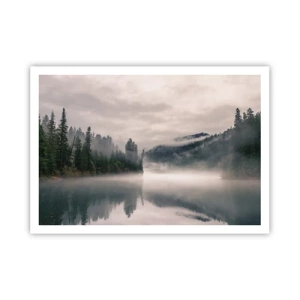 Plakat - Mglisty las odbijający się w spokojnym jeziorze - 100x70cm - W zadumie, we mgle - Nowoczesna dekoracja ścienna do salonu i sypialni ARTTOR