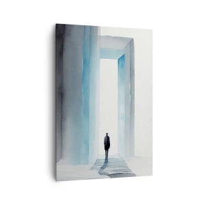 Obraz na płótnie - Sylwetka człowieka w abstrakcyjnej przestrzeni z monumentalnymi portalami - 70x100cm - Żyj bez ograniczeń - Nowoczesna dekoracja ścienna do salonu i sypialni ARTTOR
