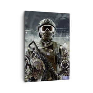 Obraz na płótnie - Żołnierz futurystyczny w pełnym oporządzeniu taktycznym - 50x70cm - Moc do potęgi - Nowoczesna dekoracja ścienna do salonu, kuchni i sypialni ARTTOR