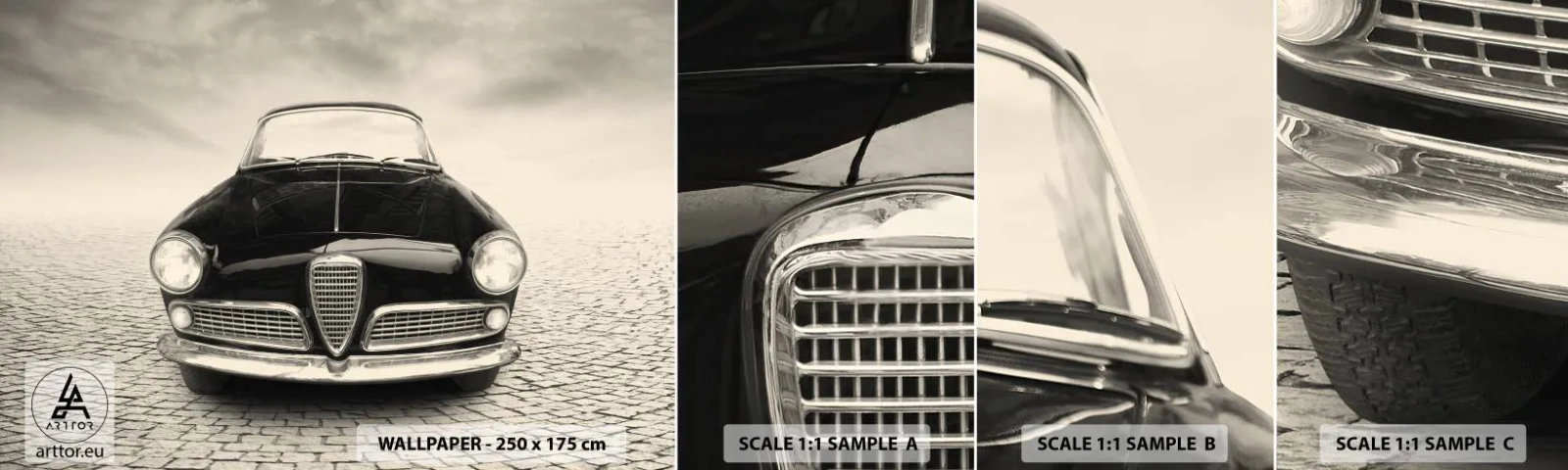 Fototapeta Próbka Samoprzylepna Deluxe Sticker - I jak mnie nie kochać? - Samochód, Vintage, Czarno-Biały - 100x30 cm