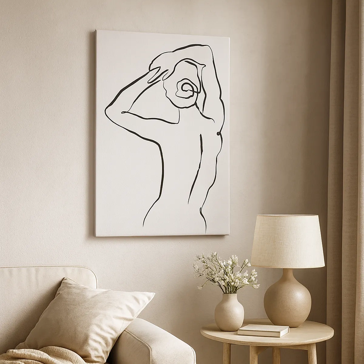 Obraz na płótnie - Minimalistyczna linia konturowa kobiecej sylwetki widzianej od tyłu na białym tle - 50x70cm - Akt o poranku - Nowoczesna dekoracja ścienna do salonu, kuchni i sypialni ARTTOR