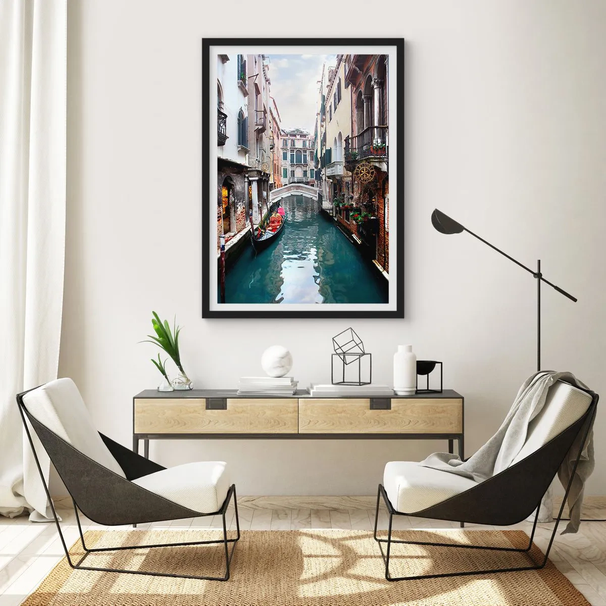 Plakat w czarnej ramie - Pejzaż wenecki z gondolą i mostkiem - 40x50 cm