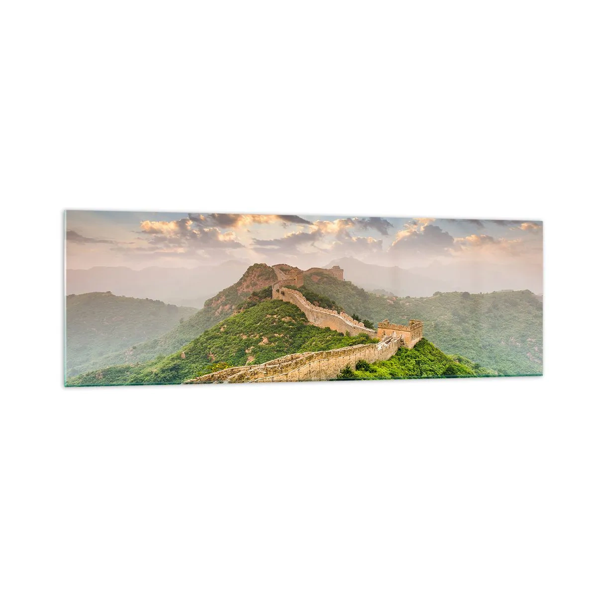 Obraz na szkle - Wielki Mur Chiński oświetlony promieniami słońca w malowniczym krajobrazie - 160x50cm - Nieprzemijająca wielkość - Nowoczesna dekoracja ścienna do salonu i sypialni ARTTOR