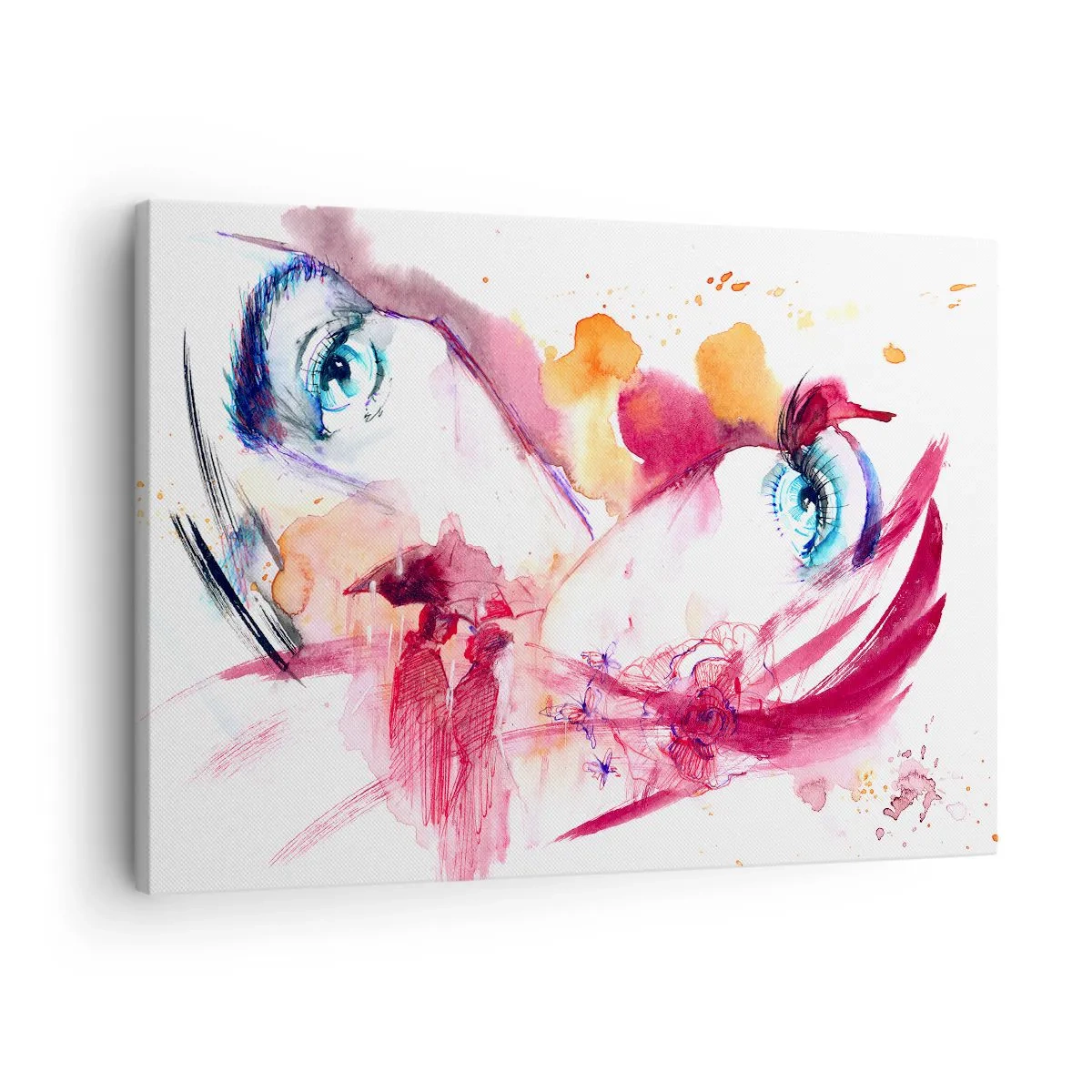 Obraz na płótnie - Abstrakcyjna twarz z wyrazistymi oczami i akcentami w czerwieni - 70x50cm - W bliskości świat rozkwita - Nowoczesna dekoracja ścienna do salonu i sypialni ARTTOR