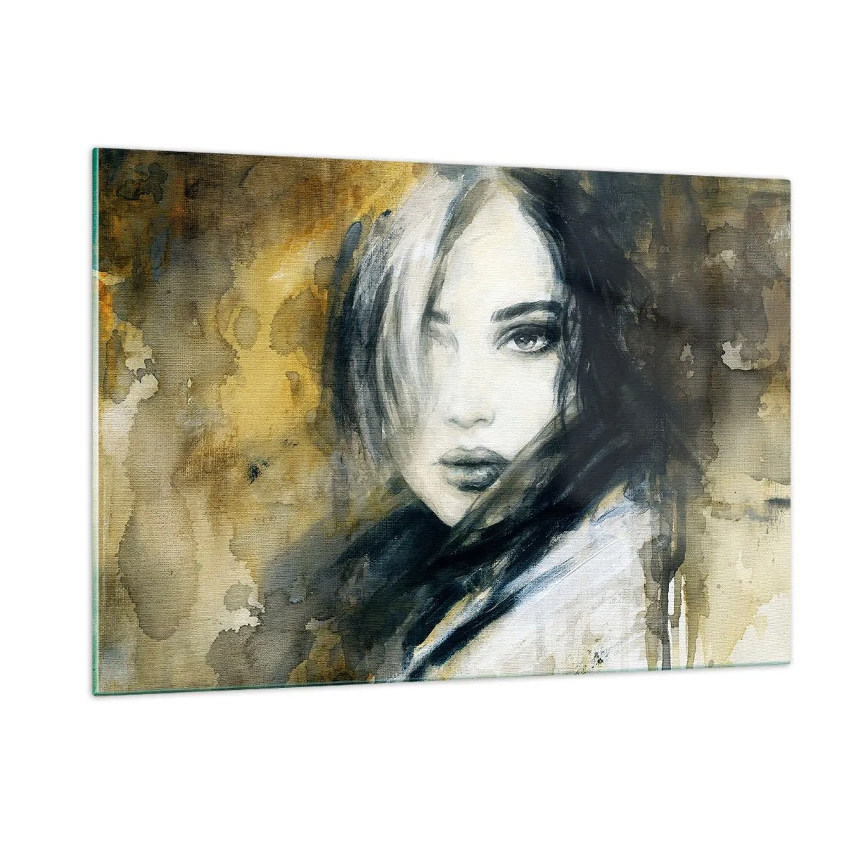 Obraz na szkle - Portret kobiety w akwarelowym stylu - 120x80cm - bardziej niewinna czy zmysłowa? - Nowoczesna dekoracja ścienna do salonu, kuchni i sypialni ARTTOR