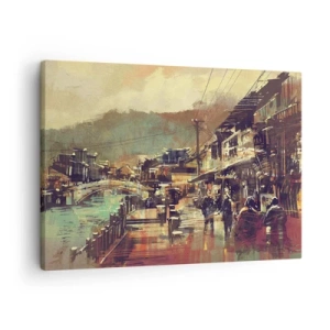 Obraz na płótnie - Miasteczko z mostem i uliczkami w artystycznym stylu - 70x50cm - Życie jako bogactwo szarości - Nowoczesna dekoracja ścienna do salonu i sypialni ARTTOR