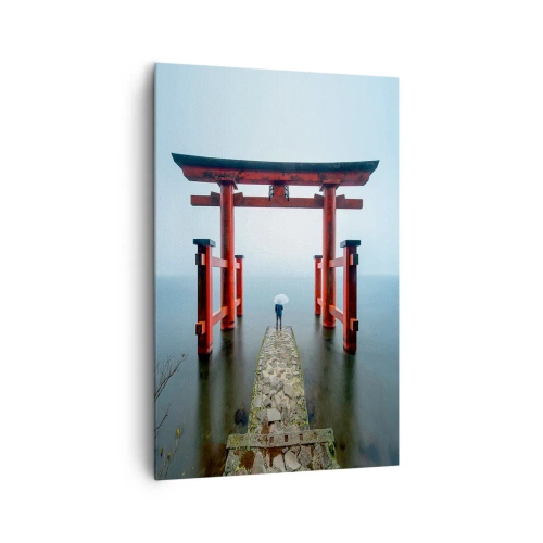 Obraz na płótnie - Brama torii nad spokojnym jeziorem w Japonii - 80x120cm - Japońska zaduma - Nowoczesna dekoracja ścienna do salonu i sypialni ARTTOR