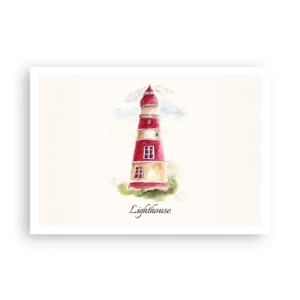 Plakat - Akwarelowy obraz latarni morskiej na jasnym tle z napisem - 100x70cm - Wokół zawsze pogoda - Nowoczesna dekoracja ścienna do salonu i sypialni ARTTOR