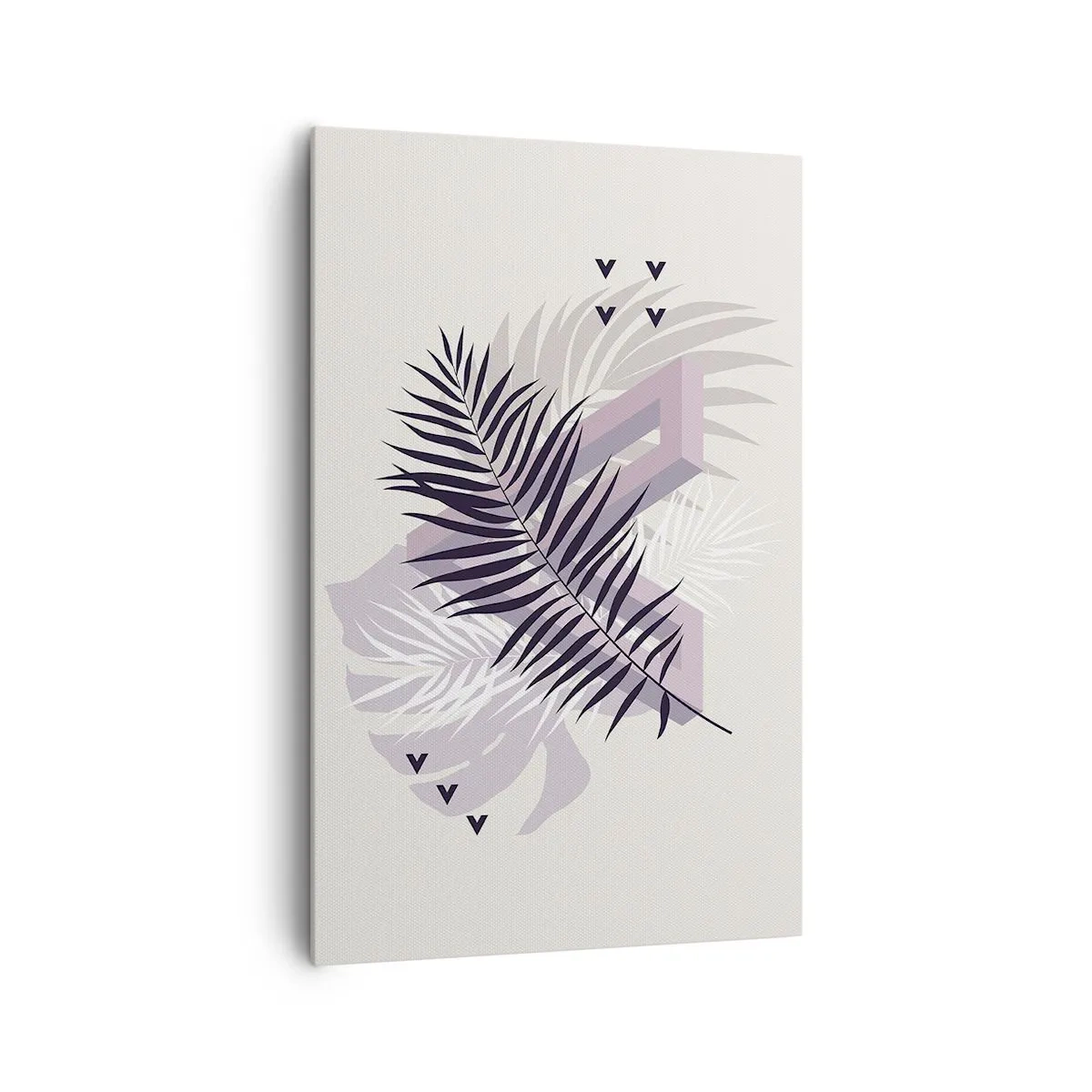 Obraz na płótnie - Minimalistyczna kompozycja z liśćmi i geometrycznymi kształtami - 80x120cm - Cień cienia - Nowoczesna dekoracja ścienna do salonu i sypialni ARTTOR