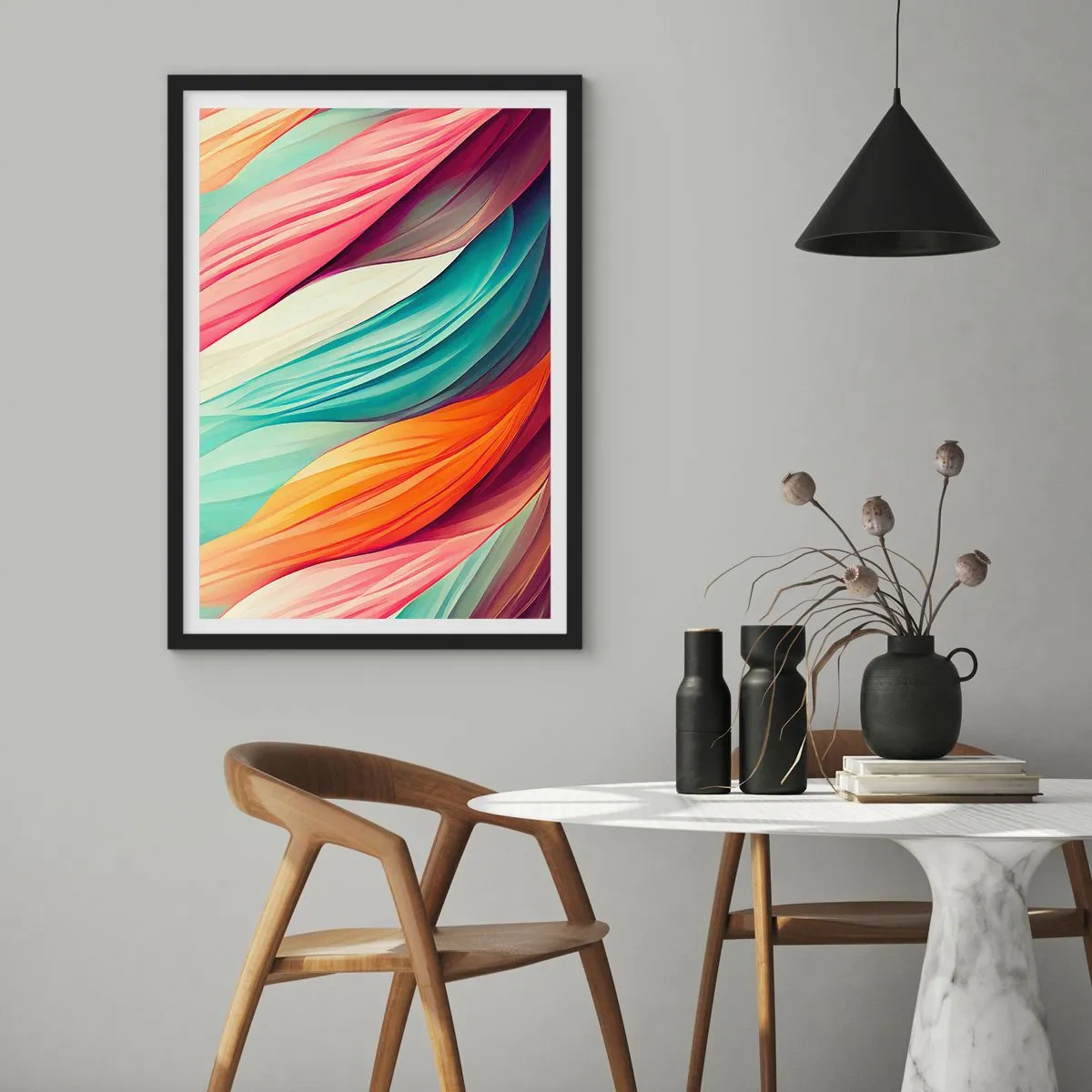 Plakat w czarnej ramie - Abstrakcyjna kompozycja falujących linii w intensywnych barwach - 50x70cm - Tęczowy splot - Nowoczesna dekoracja ścienna do salonu i sypialni ARTTOR