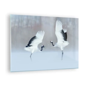 Obraz na szkle - Tańczące żurawie na tle zimowego krajobrazu - 70x50cm - Taniec we mgle - Nowoczesna dekoracja ścienna do salonu i sypialni ARTTOR