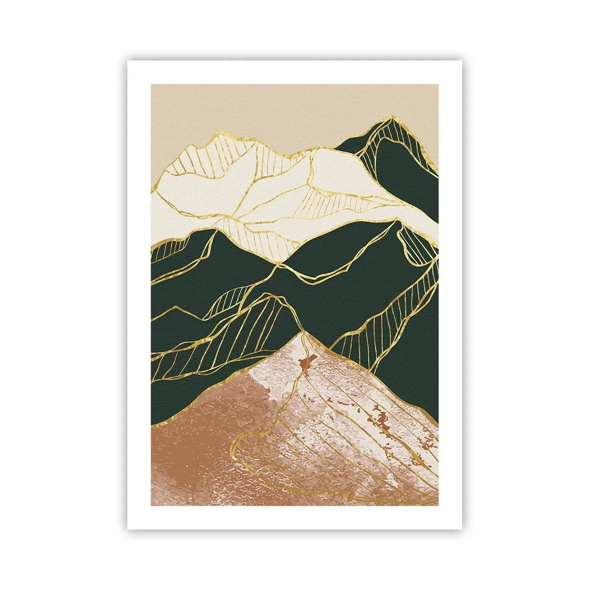Plakat - Abstrakcyjne złote linie tworzące górski pejzaż - 50x70cm - Złote szczyty - Nowoczesna dekoracja ścienna do salonu, kuchni i sypialni ARTTOR