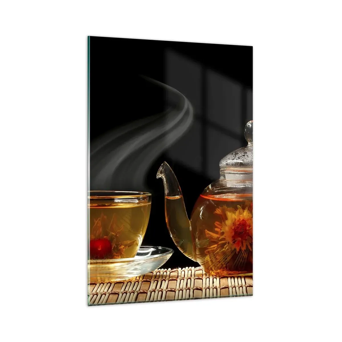 Obraz na szkle - Szklany czajnik z herbatą kwiatową i filiżanka - 80x120cm - Magia i sztuka parzenia herbaty - Nowoczesna dekoracja ścienna do salonu i sypialni ARTTOR
