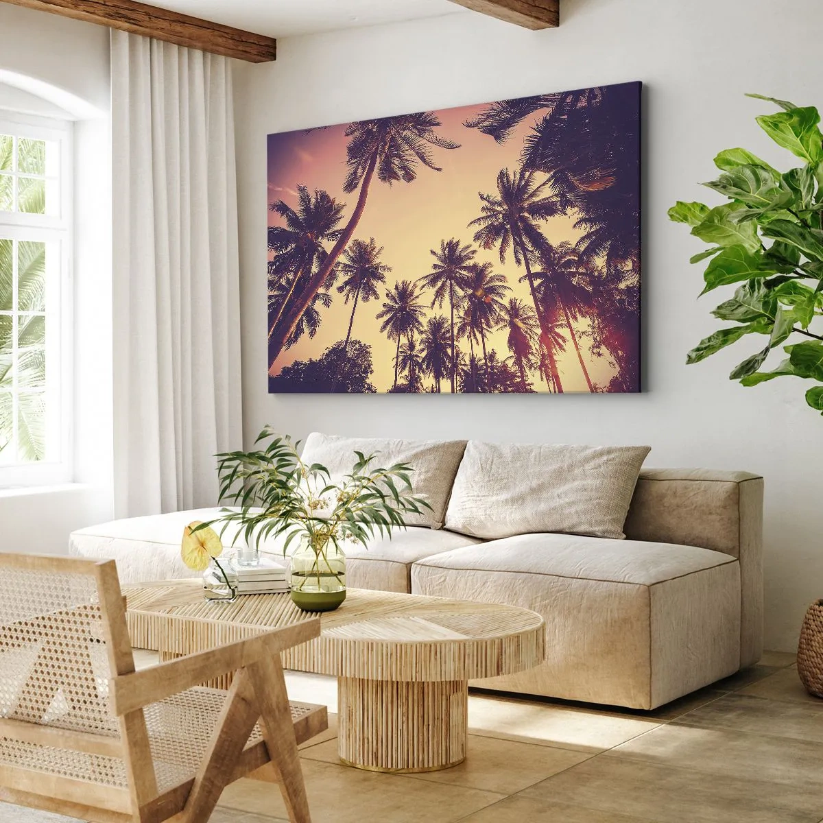 Obraz na płótnie - Palmy na tle nieba o ciepłych barwach zachodu słońca - 70x50cm - Tropikalna wariacja - Nowoczesna dekoracja ścienna do salonu i sypialni ARTTOR