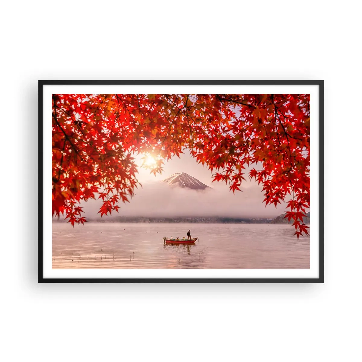 Plakat w czarnej ramie - Łódka na jeziorze otoczona czerwonymi liśćmi klonu - 100x70cm - W japońskim klimacie - Nowoczesna dekoracja ścienna do salonu i sypialni ARTTOR
