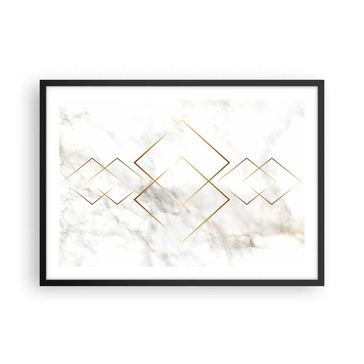 Plakat w czarnej ramie - Minimalistyczne złote romby na marmurowym tle - 70x50cm - Widok na nieskończoność - Nowoczesna dekoracja ścienna do salonu i sypialni ARTTOR