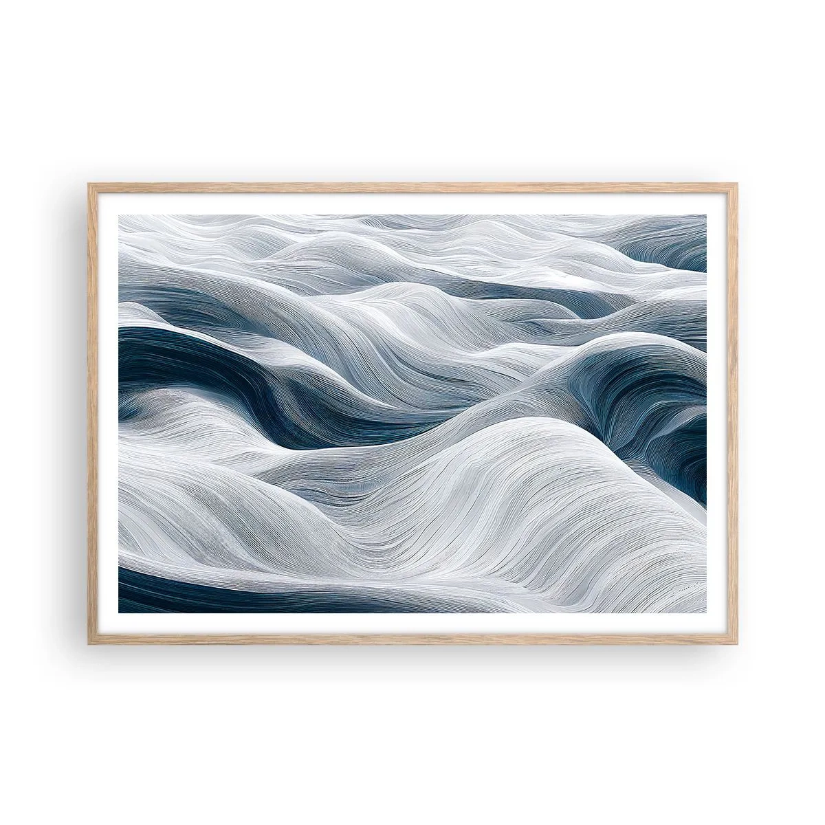 Plakat w ramie jasny dąb - Biało-błękitne fale - 100x70 cm
