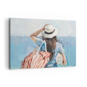 Obraz na płótnie - Kobieta w kapeluszu na tle błękitnego morza - 100x70cm - Witaj na wakacjach - Nowoczesna dekoracja ścienna do salonu, kuchni i sypialni ARTTOR