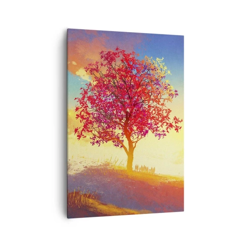 Obraz na płótnie - Postać na wzgórzu obok kolorowego drzewa w świetle zachodzącego słońca - 70x100cm - Pielgrzym u celu - Nowoczesna dekoracja ścienna do salonu i sypialni ARTTOR
