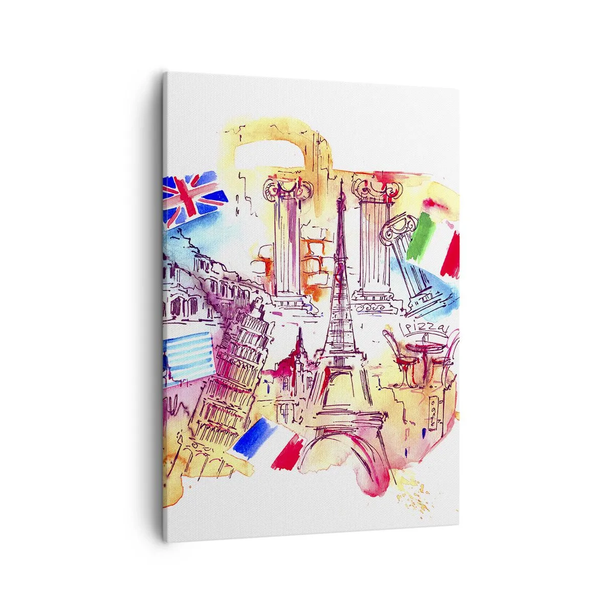 Obraz na płótnie - Akwarelowy kolaż europejskich symboli, w tym Wieży Eiffla i Koloseum - 50x70cm - Europejskie tourne - Nowoczesna dekoracja ścienna do salonu, kuchni i sypialni ARTTOR