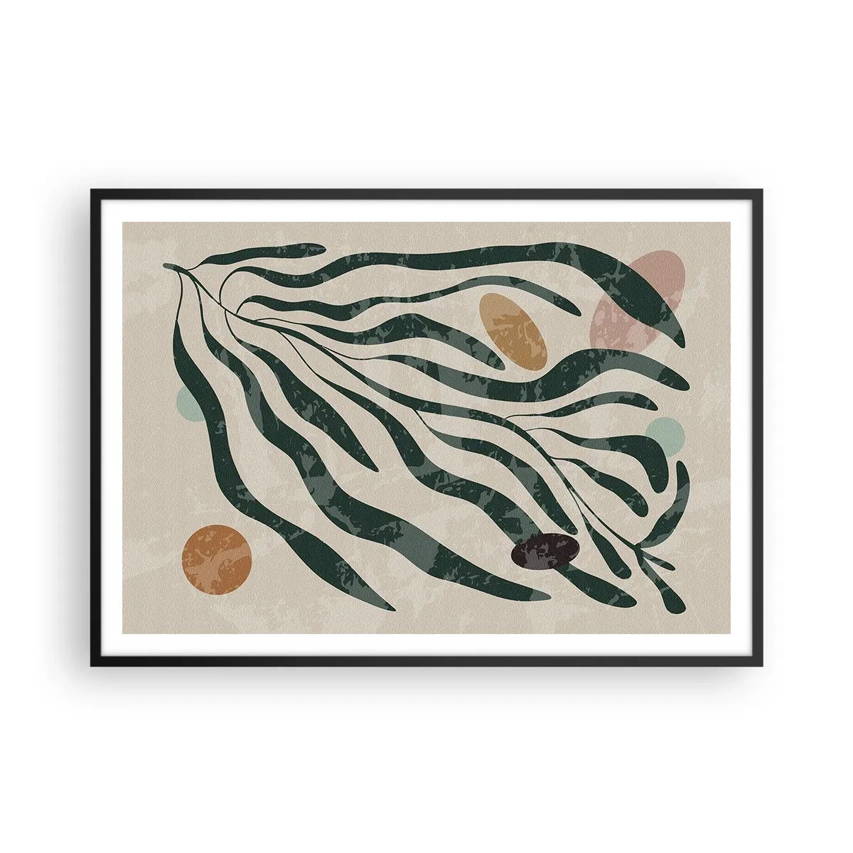 Plakat w czarnej ramie - Organiczne linie i kształty w zieleni i beżu - 100x70cm - Pośród zieleni - Nowoczesna dekoracja ścienna do salonu i sypialni ARTTOR