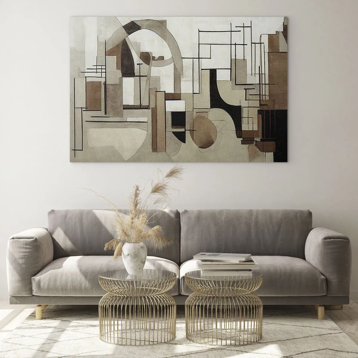 Obraz na szkle - Geometryczny pejzaż w odcieniach brązu i beżu - 70x50cm - Pejzaż miejski 2.0 - Nowoczesna dekoracja ścienna do salonu i sypialni ARTTOR