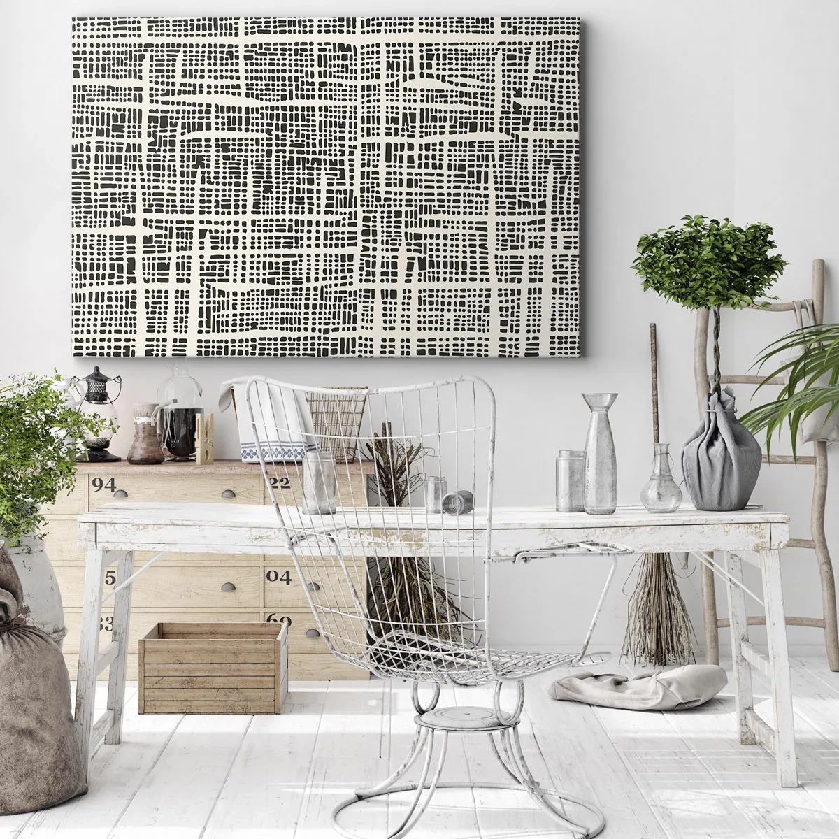 Obraz na płótnie - Geometryczny wzór przypominający siatkę na jasnym tle - 120x80cm - Kompozycja utkana - Nowoczesna dekoracja ścienna do salonu, kuchni i sypialni ARTTOR